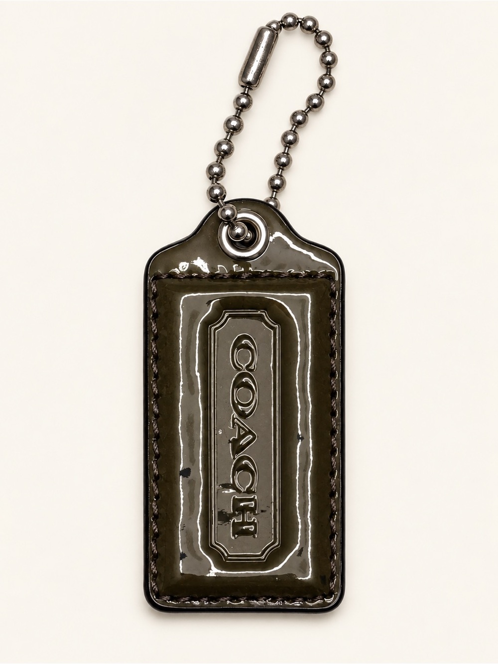 Coach Dark Olive Patent Leather Hangtag Bag Charm Keychain 2.5”